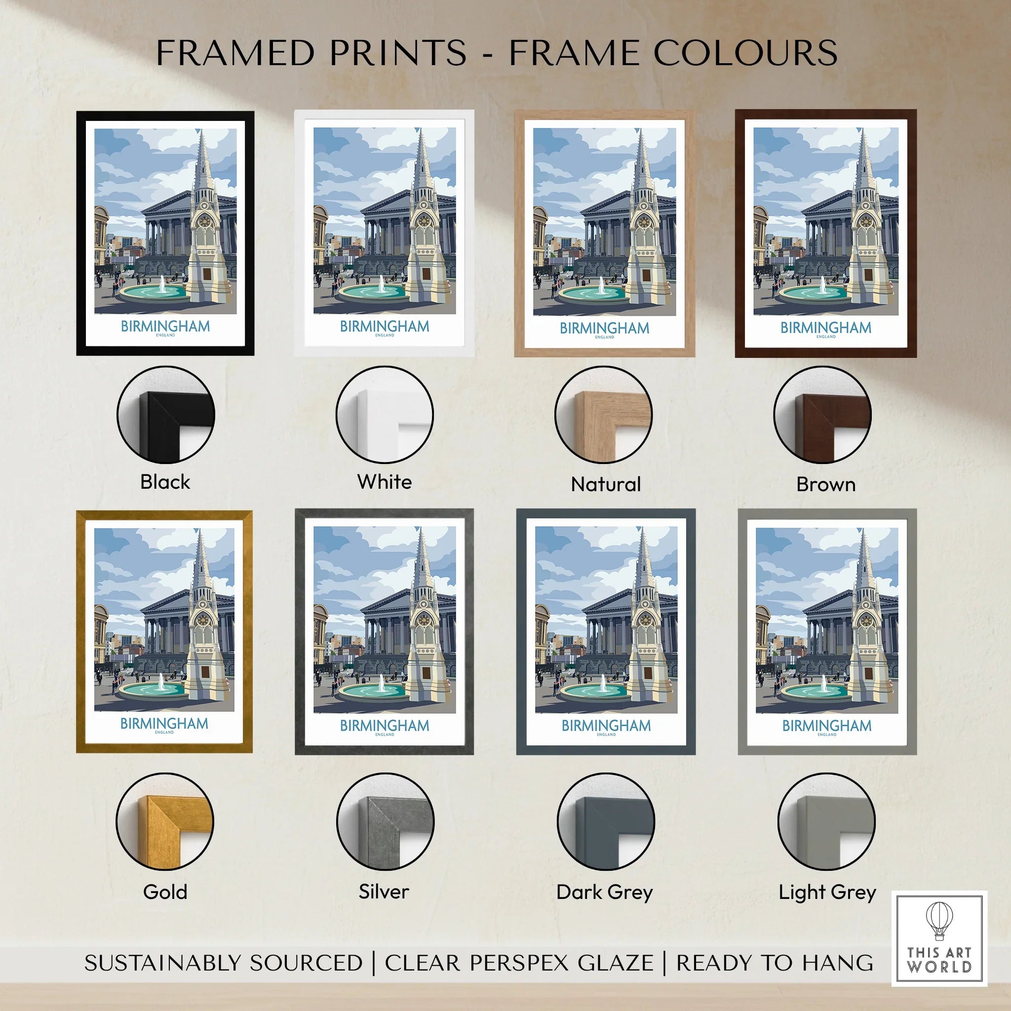 Birmingham cityscape wall art print shown in eight frame color options: black, white, natural, brown, gold, silver, dark grey, and light grey.