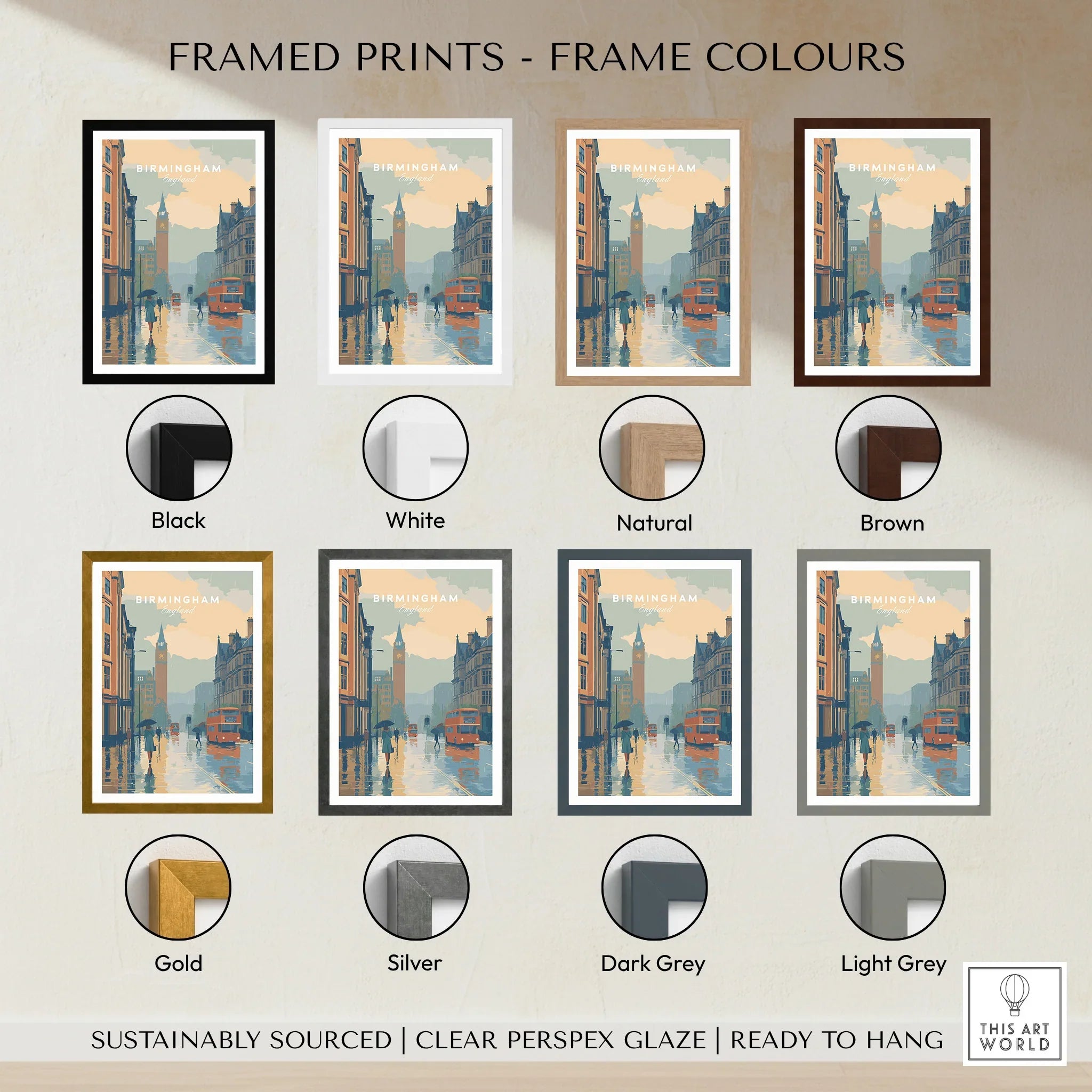 Birmingham city travel print shown in eight frame colour options including black, white, brown, natural, gold, silver, dark grey, and light grey.