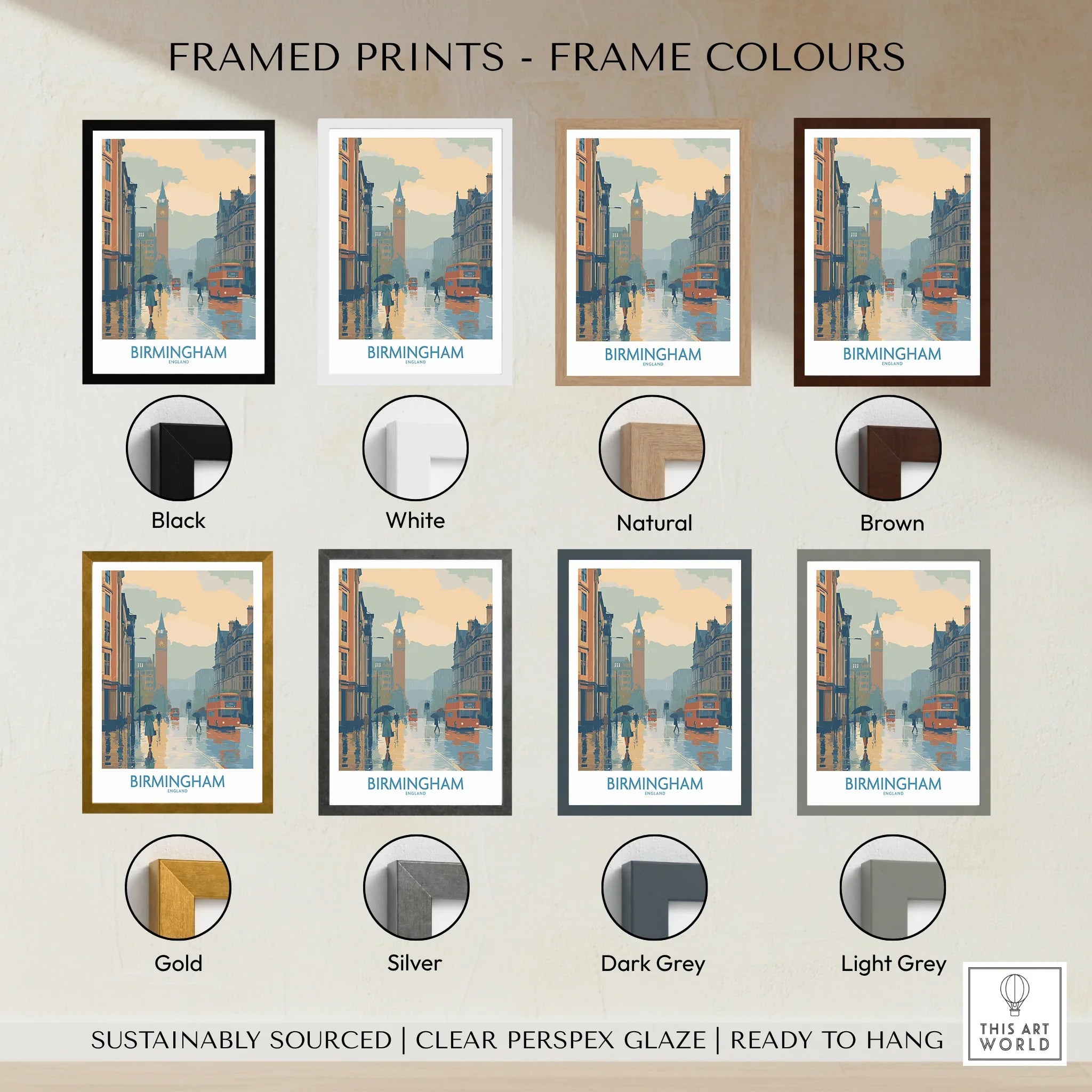 Birmingham city wall art print shown in eight frame color options, including black, white, natural wood, brown, gold, silver, dark grey, and light grey.
