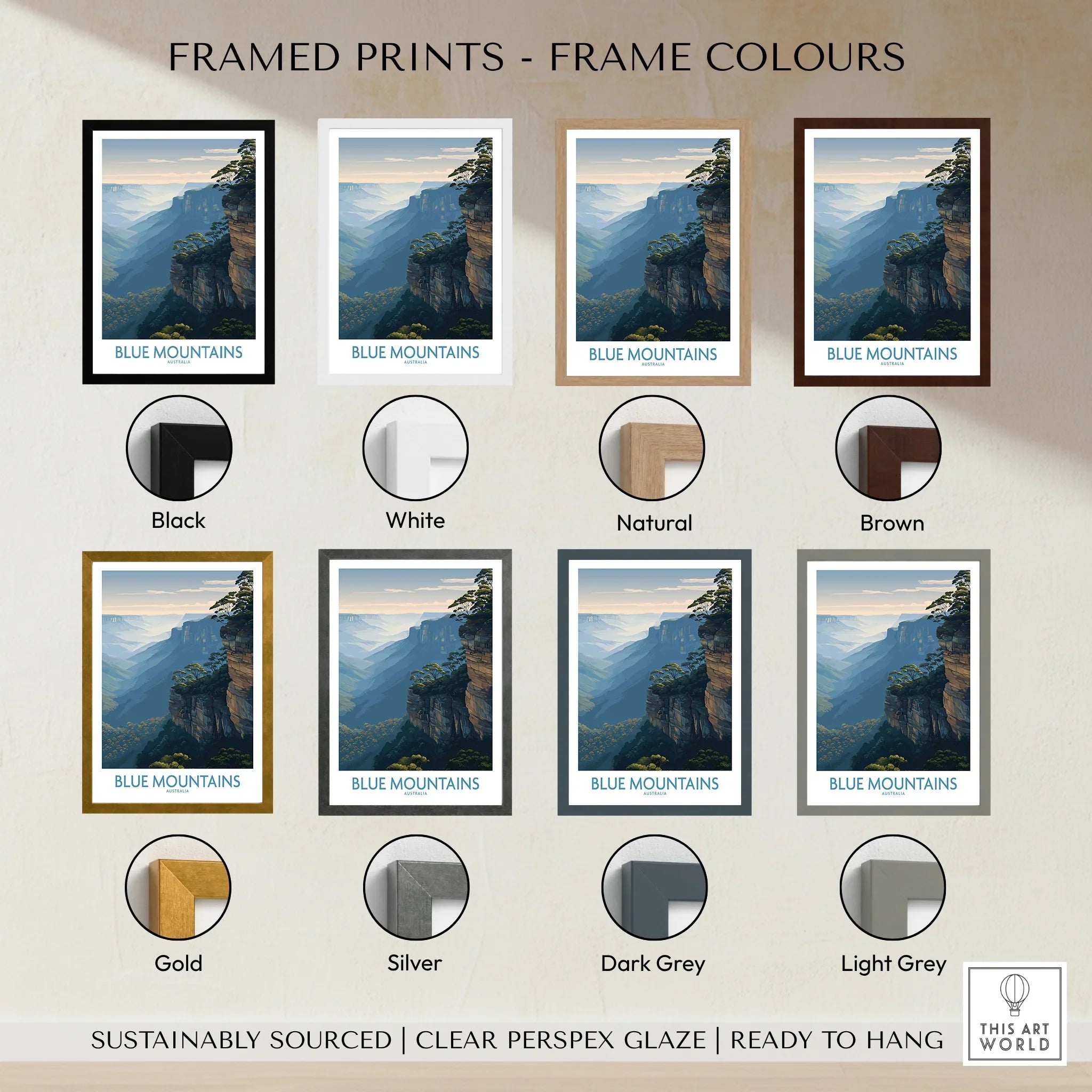 Blue Mountains travel poster framed print mockup showing eight frame color options, wall art decor