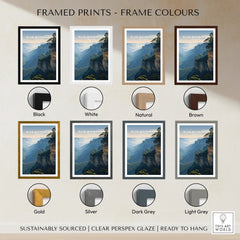 Blue Mountains art print with multiple frame color options, including black, white, natural, brown, gold, silver, dark grey, and light grey, shown on a wall.