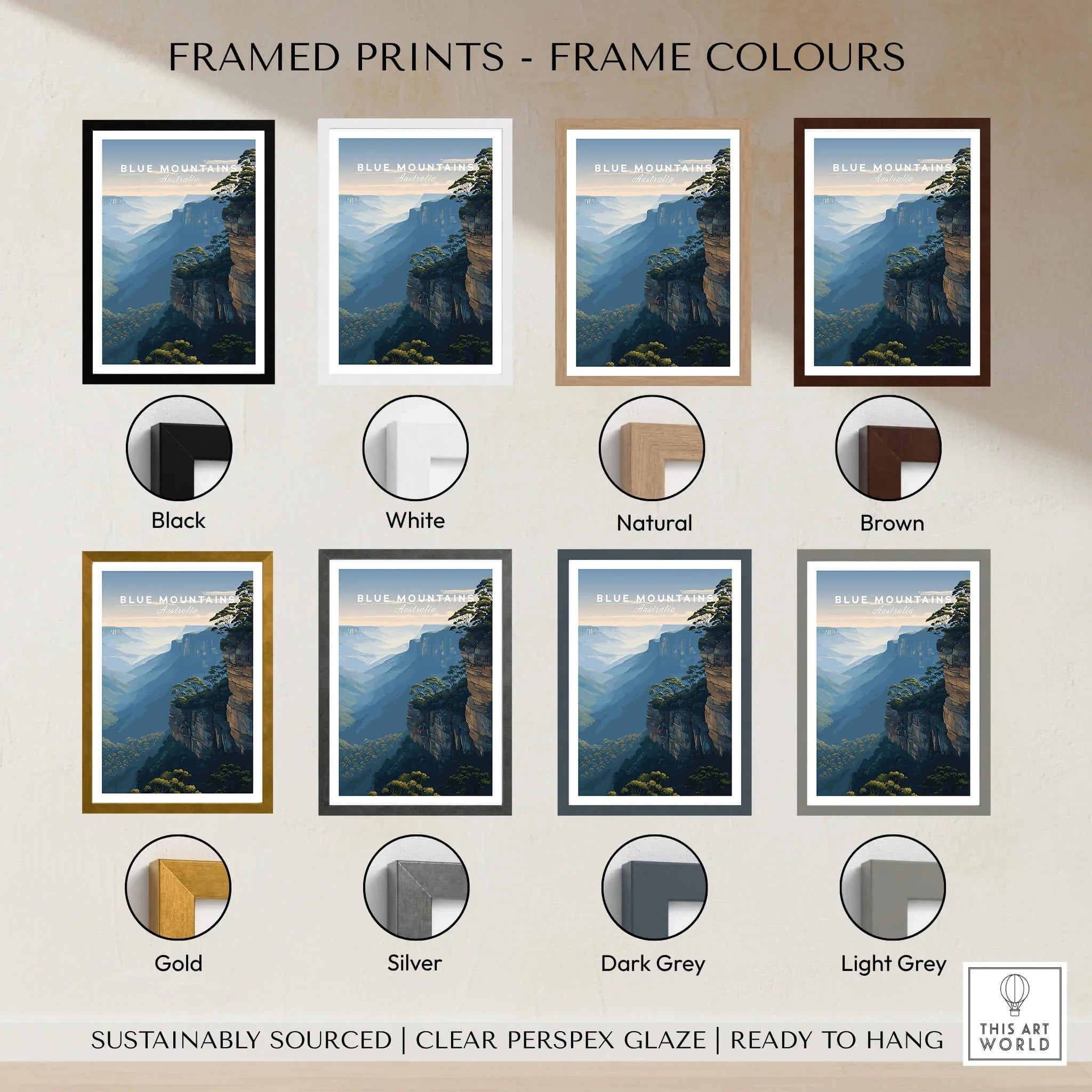 Blue Mountains art print with multiple frame color options, including black, white, natural, brown, gold, silver, dark grey, and light grey, shown on a wall.