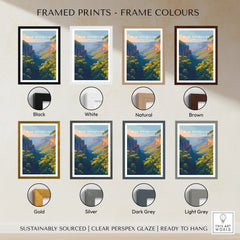 Blue Mountains travel poster art print in eight frame color options, wall art selection guide.