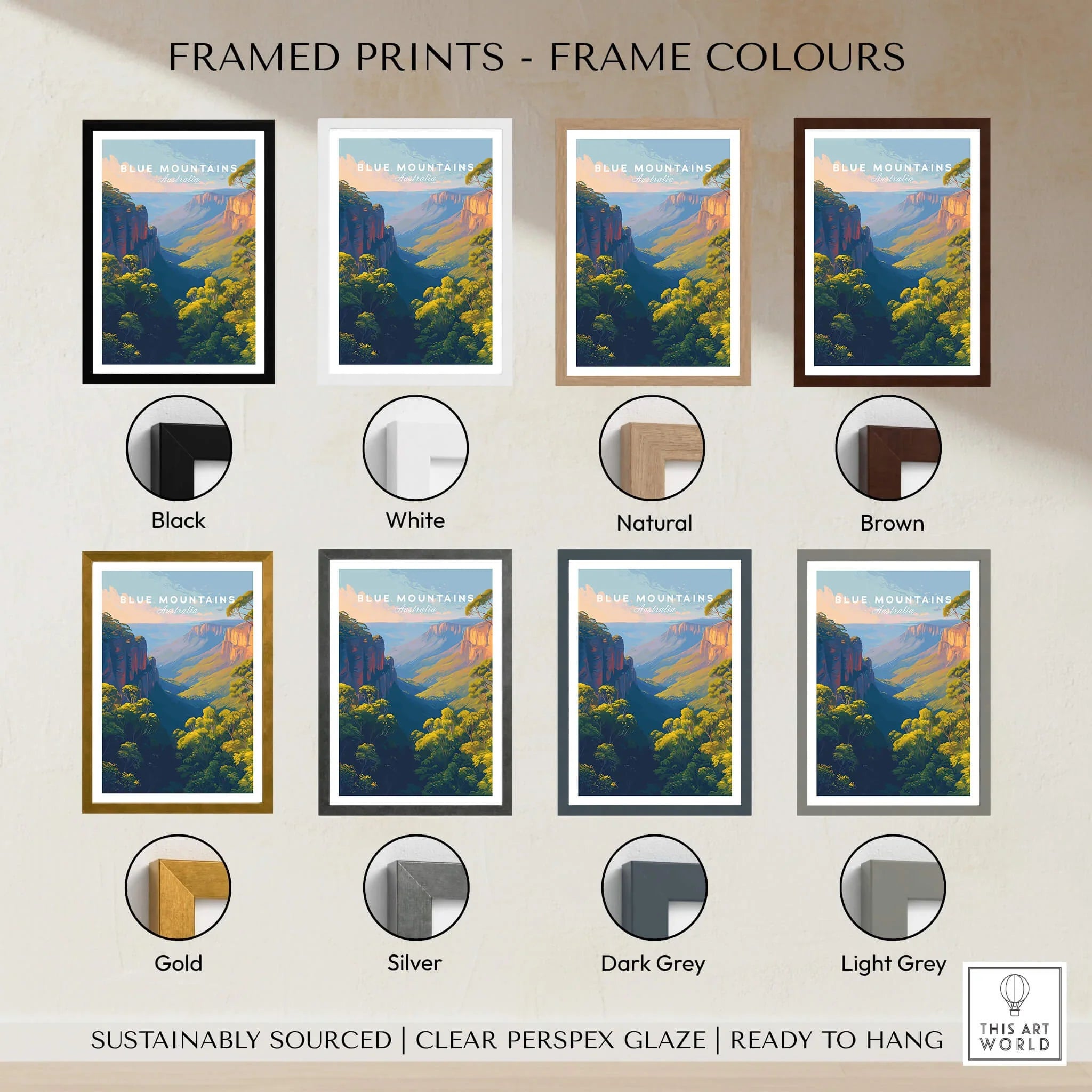 Blue Mountains travel poster art print in eight frame color options, wall art selection guide.