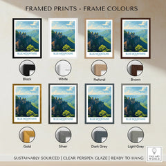 Blue Mountains framed print wall art shown in eight frame color options including black, white, natural, brown, gold, silver, dark grey, and light grey.