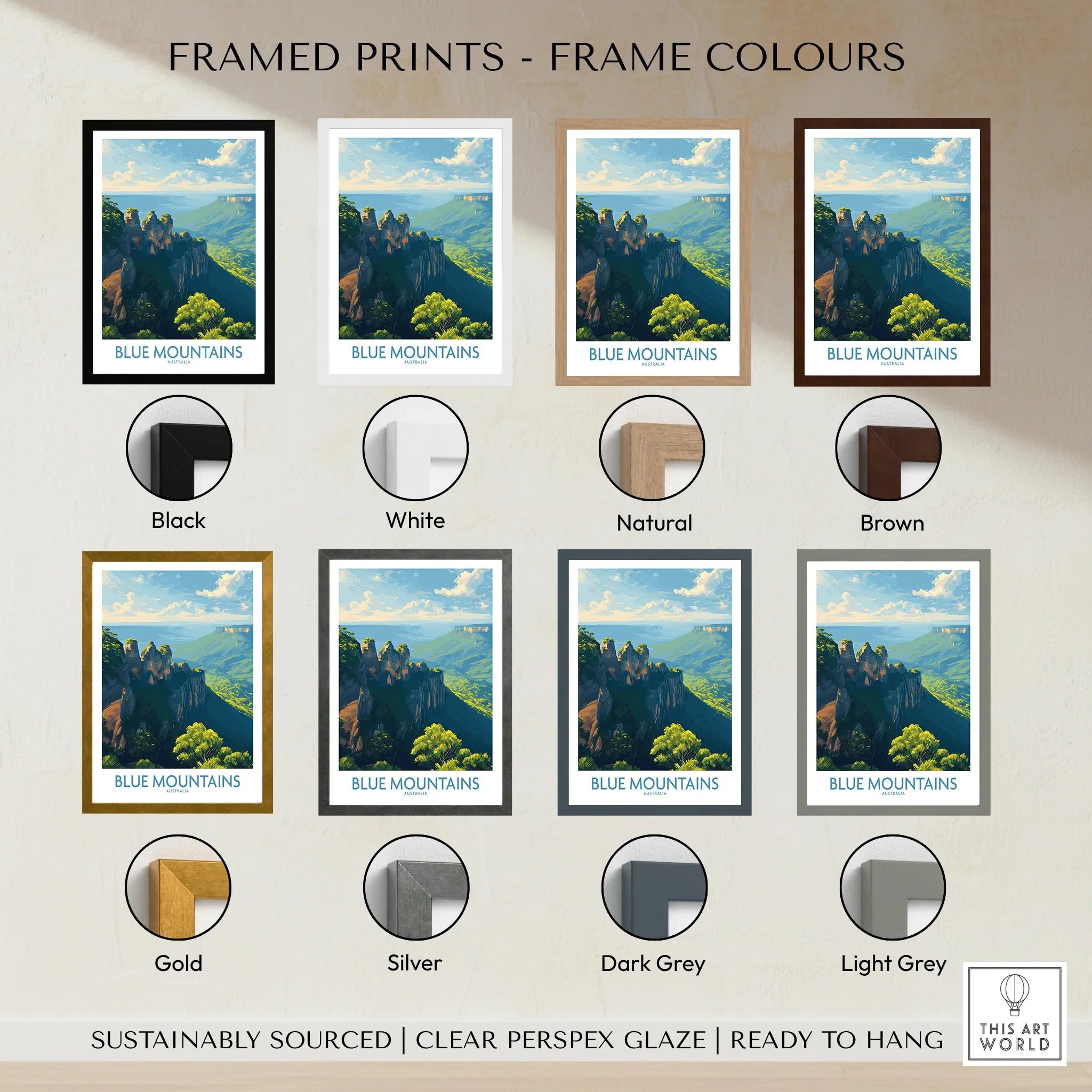 Blue Mountains framed print wall art shown in eight frame color options including black, white, natural, brown, gold, silver, dark grey, and light grey.