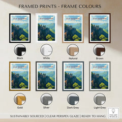 Blue Mountains travel poster wall art in various frame colors: black, white, natural, brown, gold, silver, dark grey, light grey.