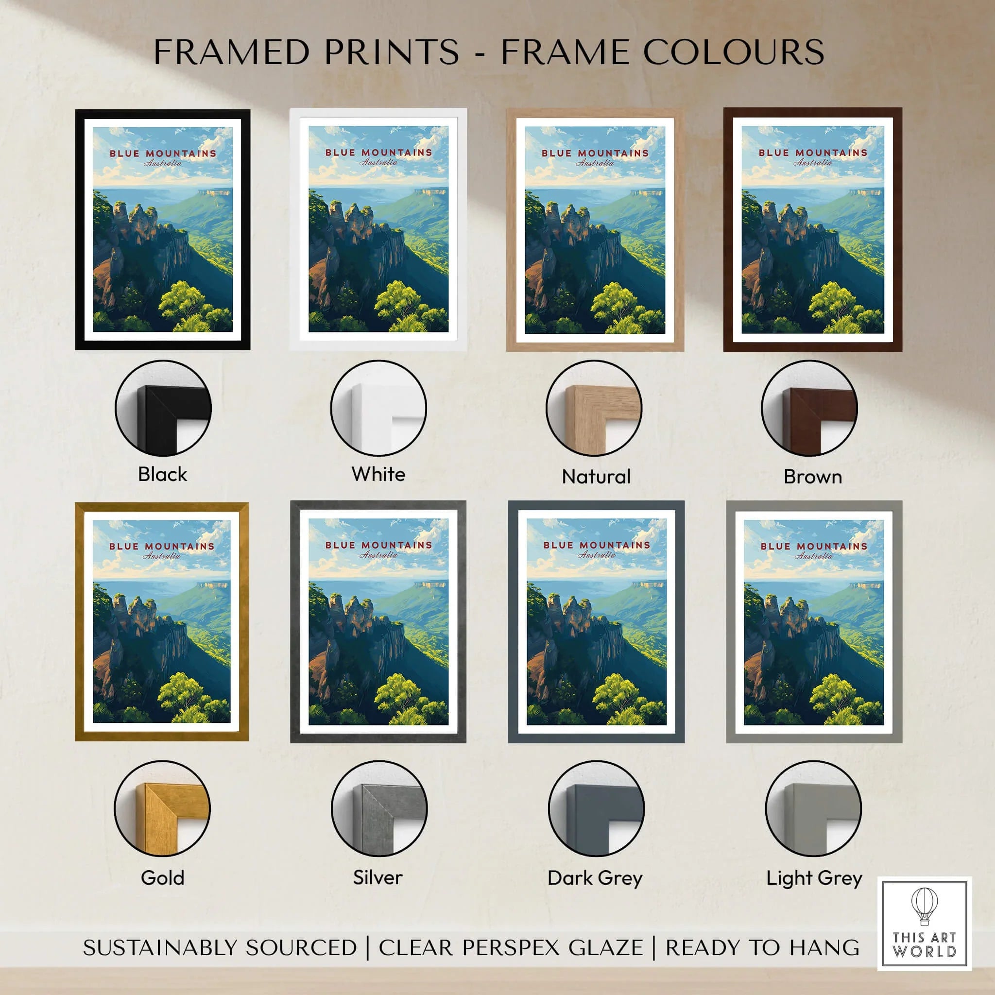 Blue Mountains travel poster wall art in various frame colors: black, white, natural, brown, gold, silver, dark grey, light grey.