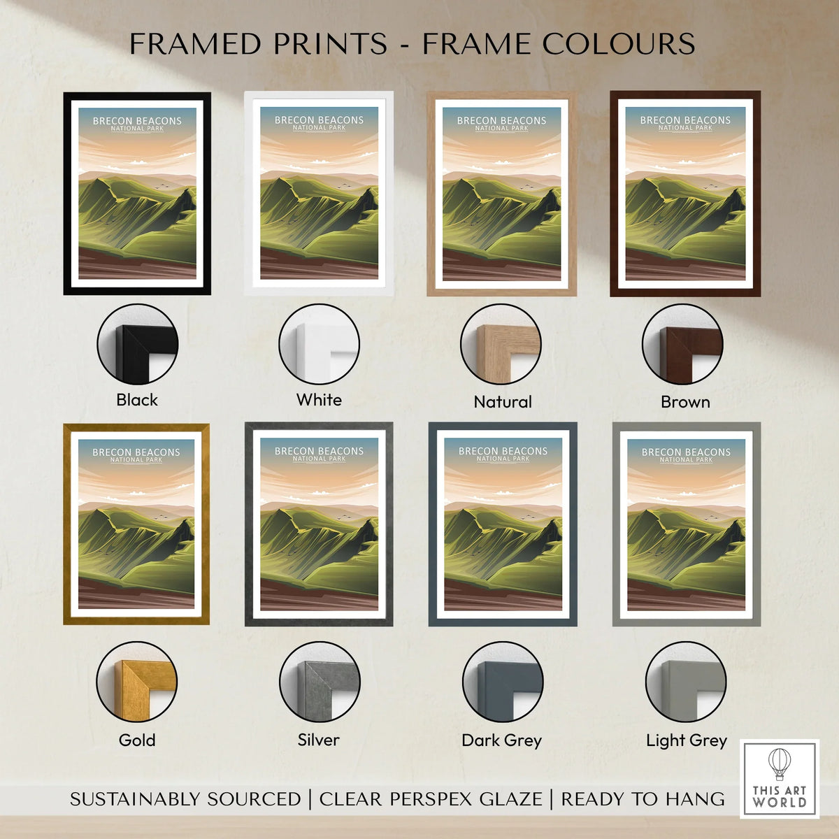 Brecon Beacons National Park framed print art with eight frame color options including black, white, natural, brown, gold, silver, dark grey, and light grey.
