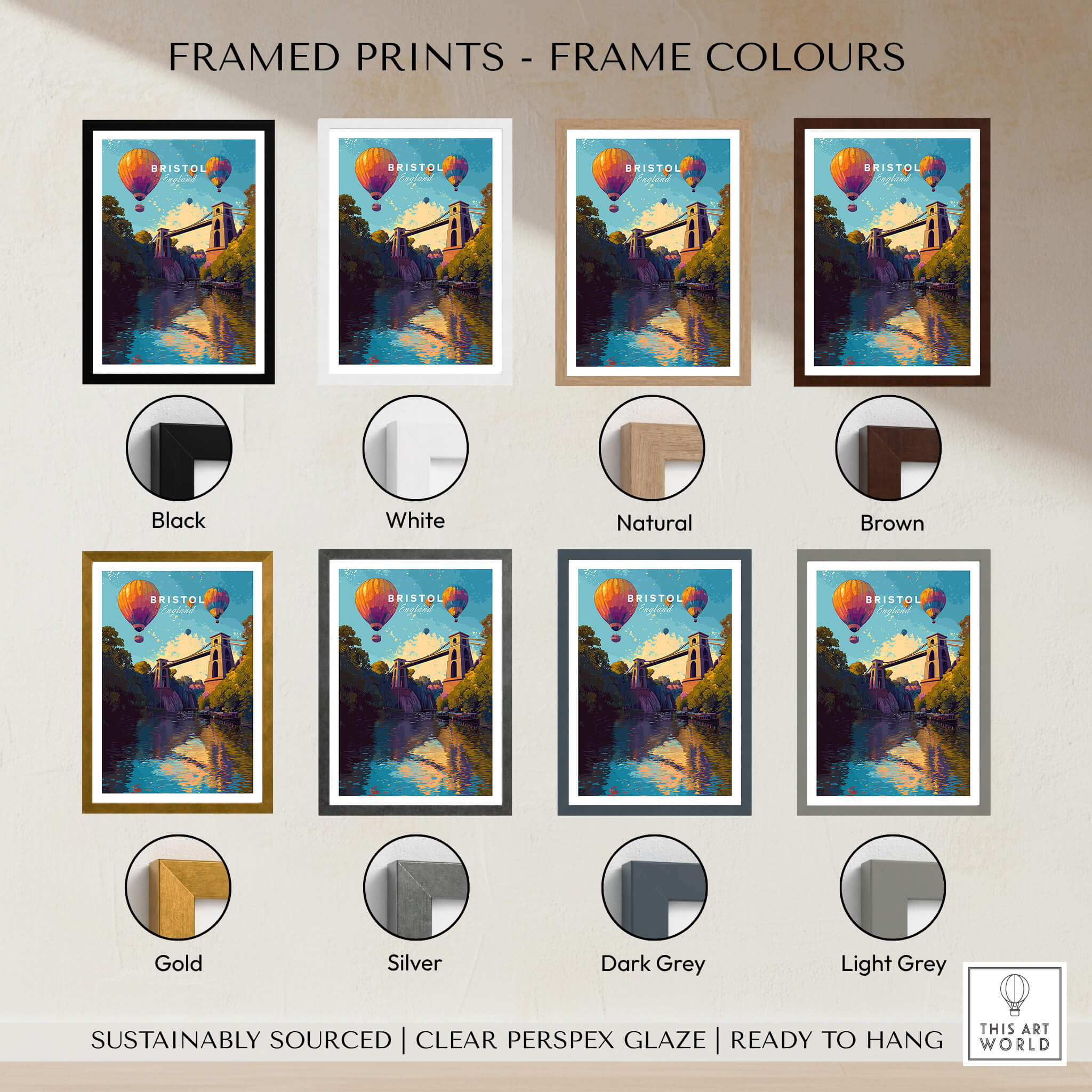 Framed Bristol Travel Poster – Clifton Suspension Bridge and Hot Air Balloons Art in various frame colors including black, white, and more.