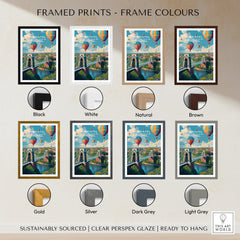Bristol Travel Poster – Cityscape and Clifton Suspension Bridge Print framed in various colors including Black, White, Natural, and Brown.