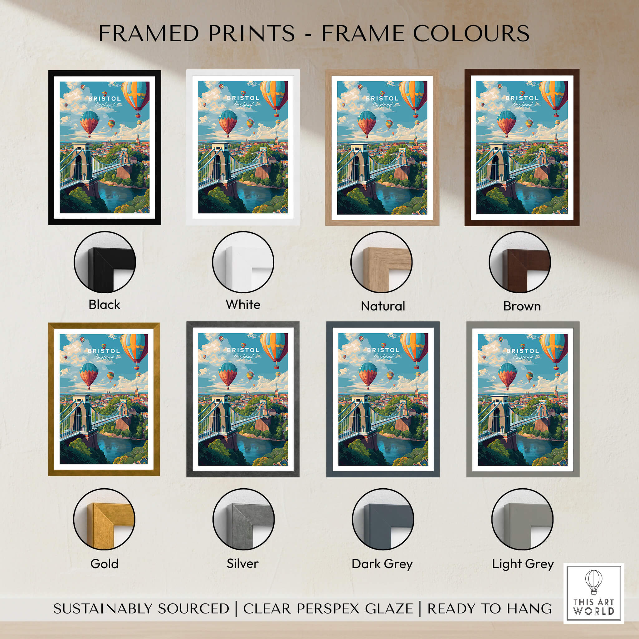 Bristol Travel Poster – Cityscape and Clifton Suspension Bridge Print framed in various colors including Black, White, Natural, and Brown.