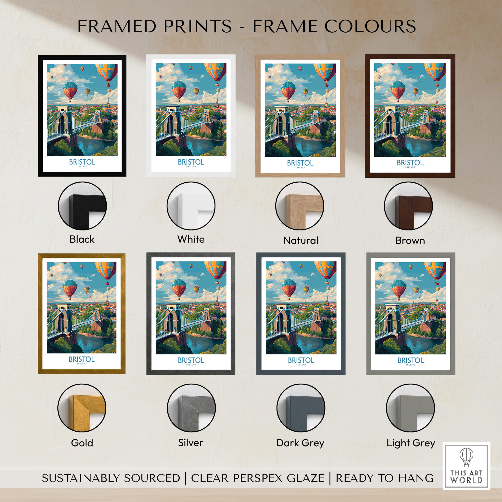 Bristol England Print – Hot Air Balloons Over Historic City Wall Art framed print options in various colors.