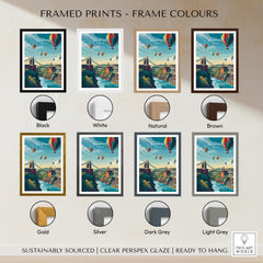 Bristol Art Print - Clifton Bridge Poster framed in various color options, including black, white, natural, brown, gold, silver, dark grey, and light grey.