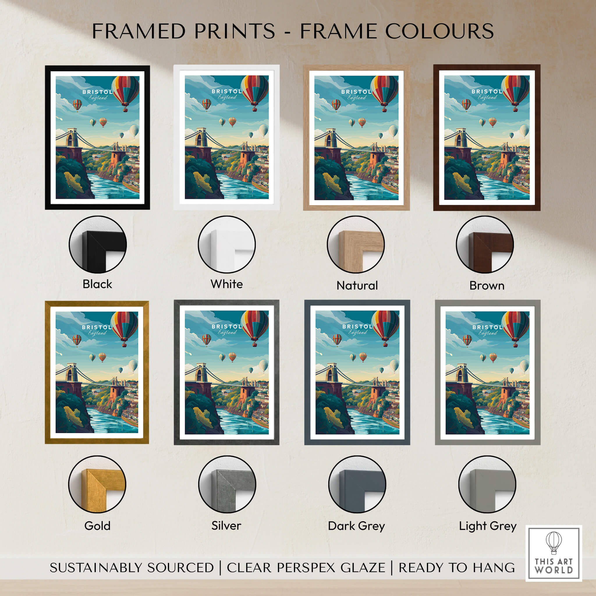 Bristol Art Print - Clifton Bridge Poster framed in various color options, including black, white, natural, brown, gold, silver, dark grey, and light grey.