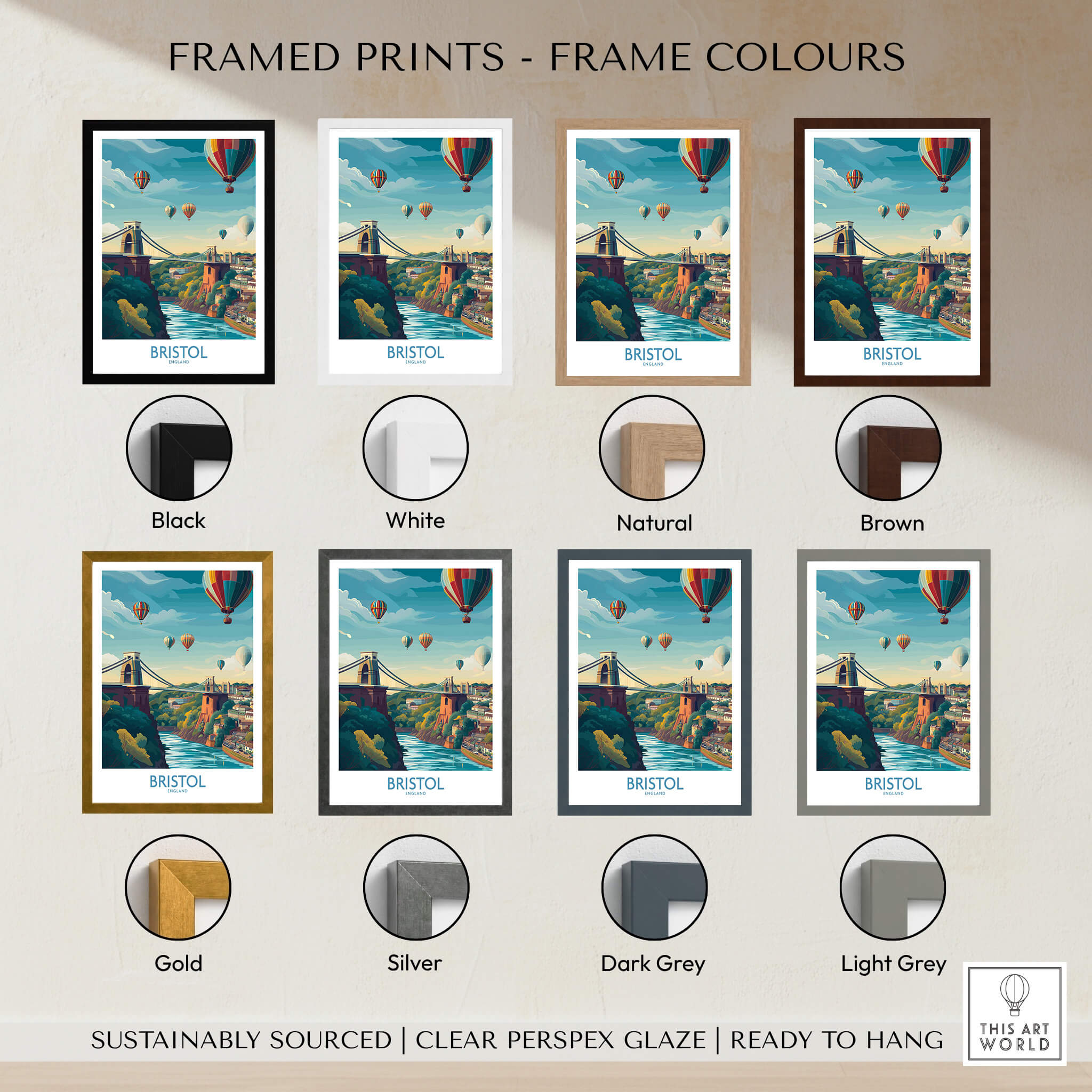 Bristol Canvas Print - Wall Art Poster shown in various frame colors including black, white, natural, and brown.