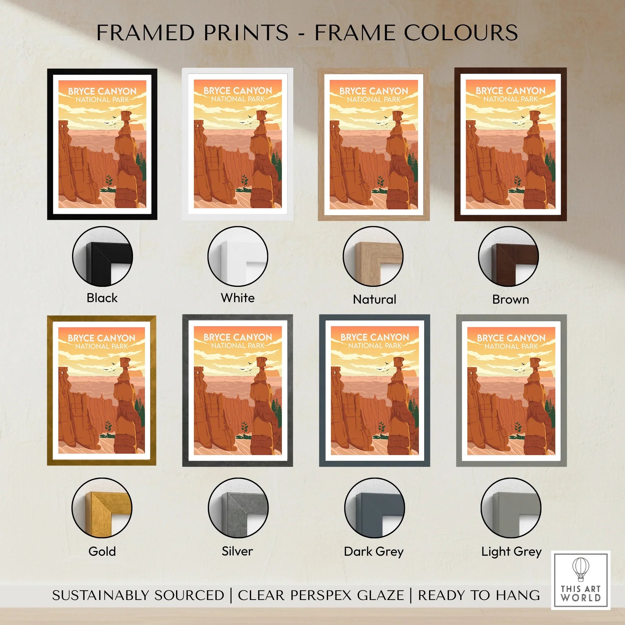 Bryce Canyon National Park art print framed in eight color options including black, white, natural, brown, gold, silver, dark grey, and light grey.
