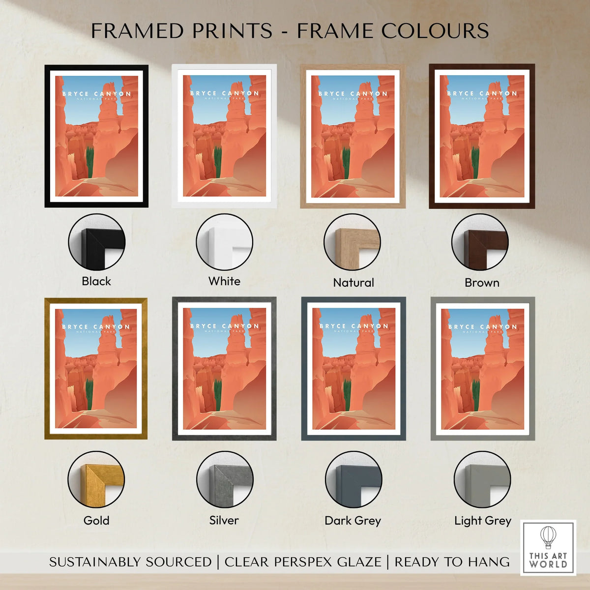 Bryce Canyon National Park travel print shown in eight different frame color options.