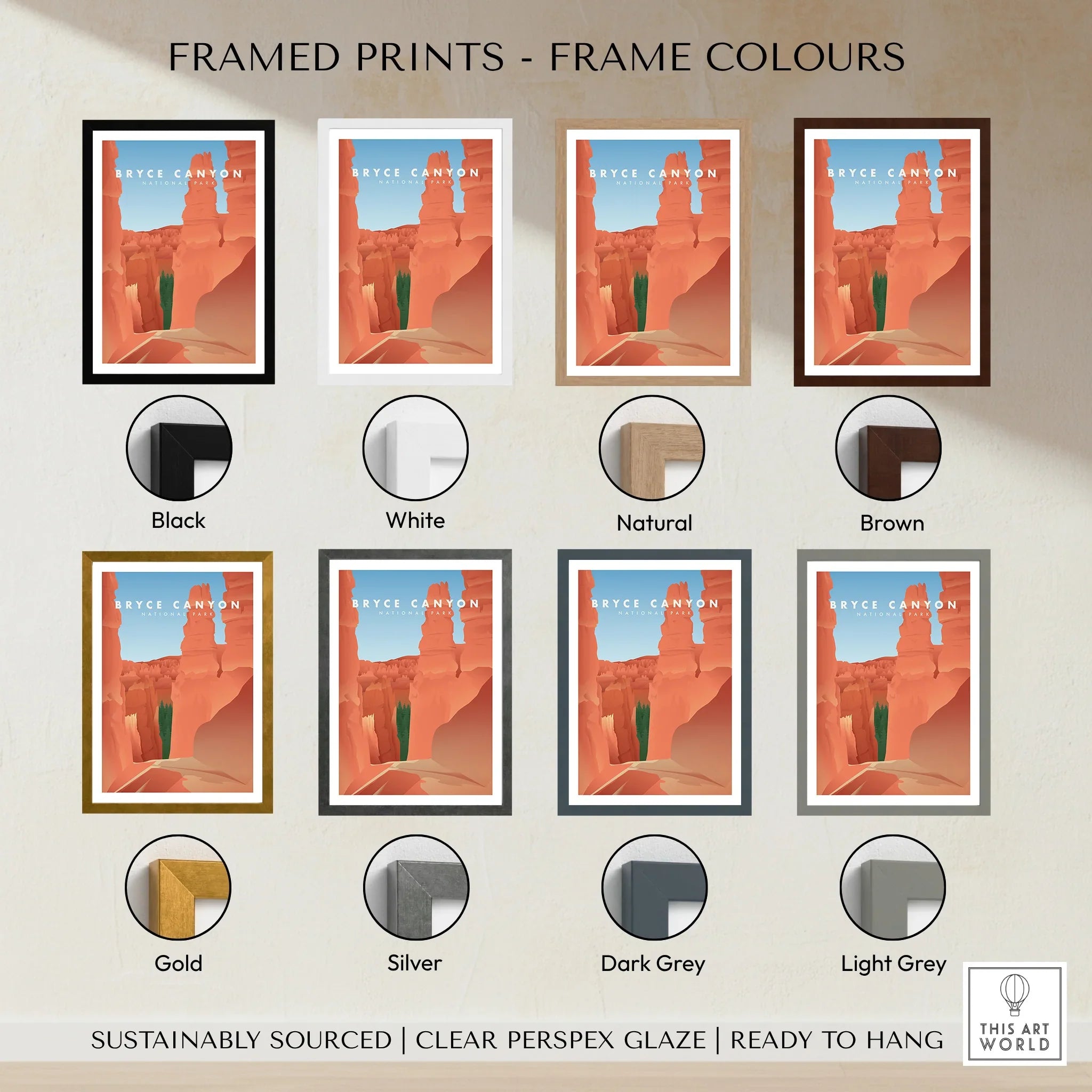 Bryce Canyon National Park travel print shown in eight different frame color options.