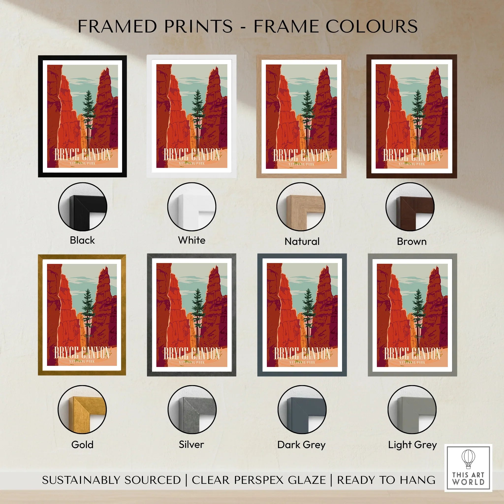 Framed Bryce Canyon National Park print in eight frame colors, wall art decor options
