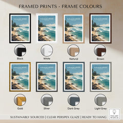 Burleigh Heads Australia Poster – Gold Coast Skyline & Iconic Surf Beach Wall Art framed in various colors including black, white, and natural.