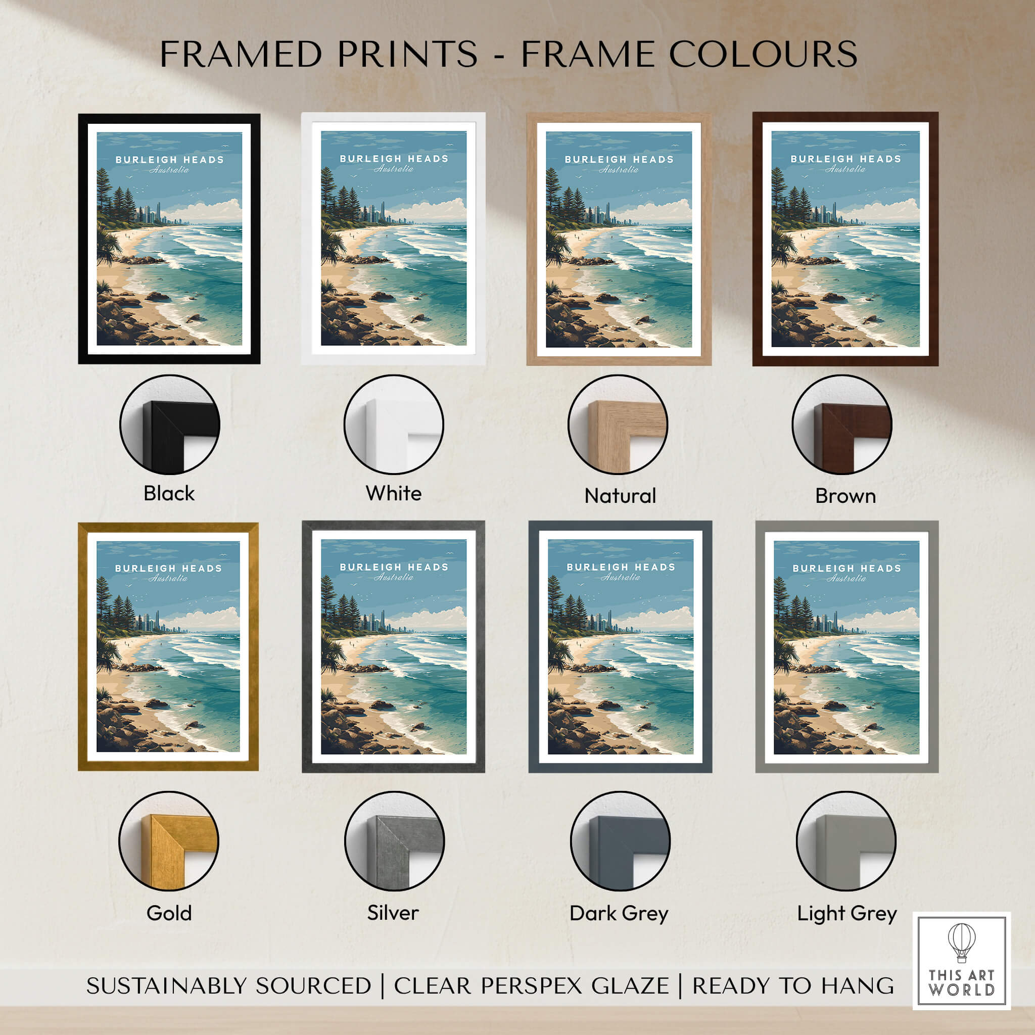 Burleigh Heads Australia Poster – Gold Coast Skyline & Iconic Surf Beach Wall Art framed in various colors including black, white, and natural.