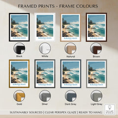 Burleigh Heads Travel Poster - Canvas Print framed in various colours including black, white, natural, brown, gold, and silver.