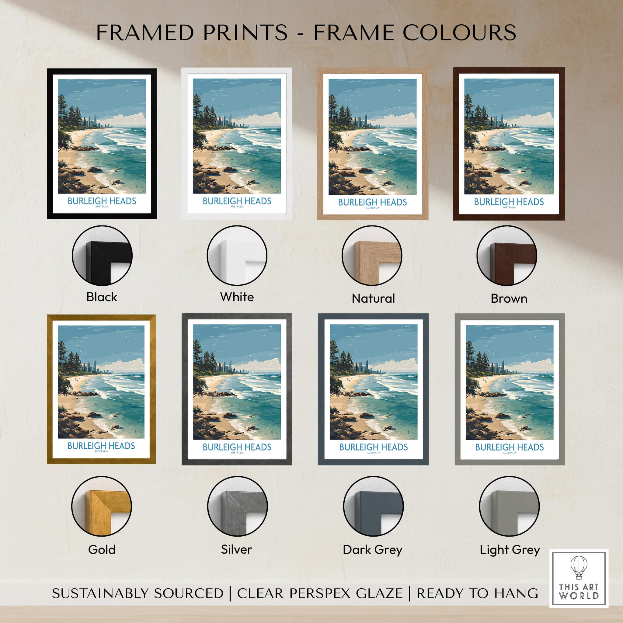 Burleigh Heads Travel Poster - Canvas Print framed in various colours including black, white, natural, brown, gold, and silver.