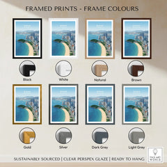 Framed Busan travel poster print with eight frame color options, city skyline beach art