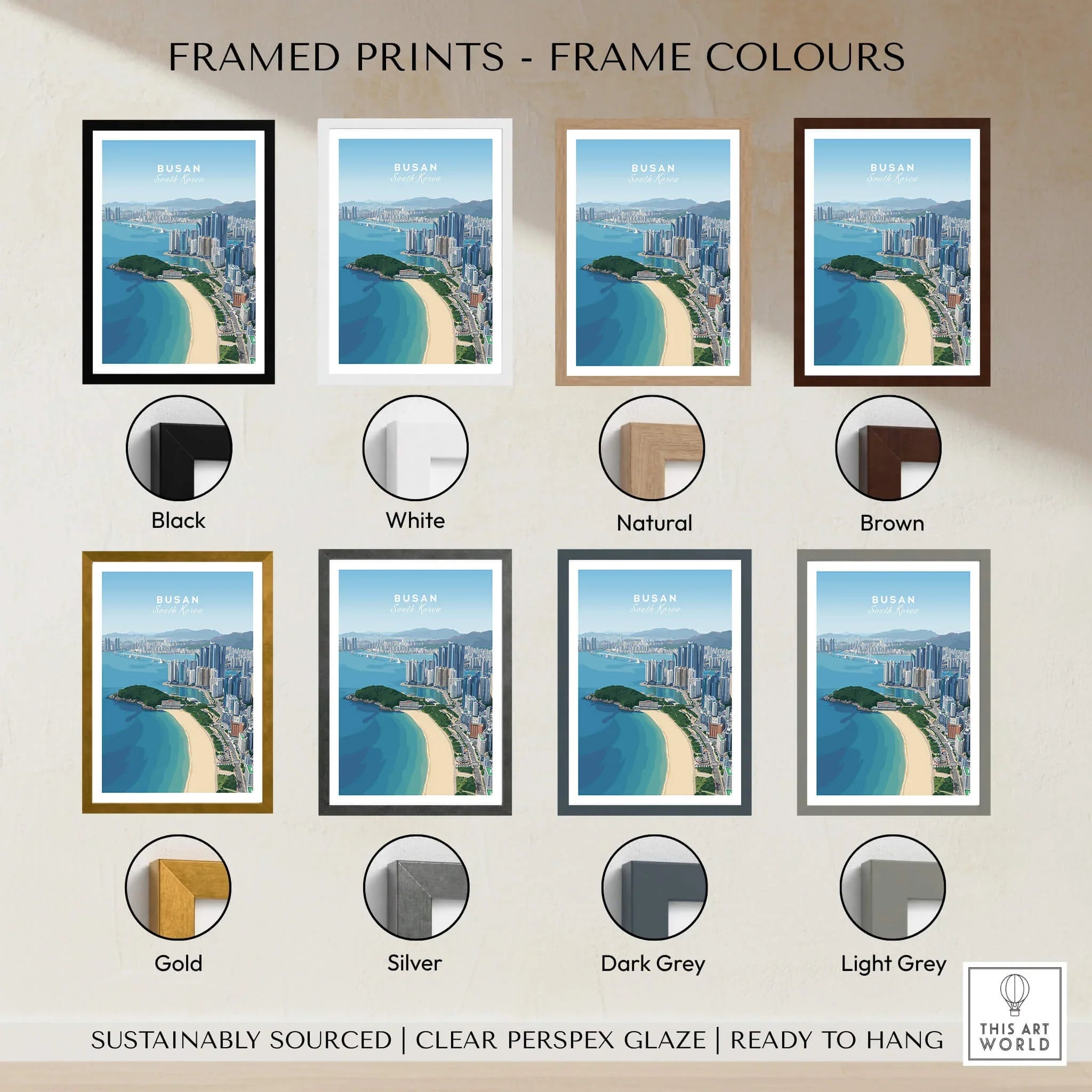 Framed Busan travel poster print with eight frame color options, city skyline beach art