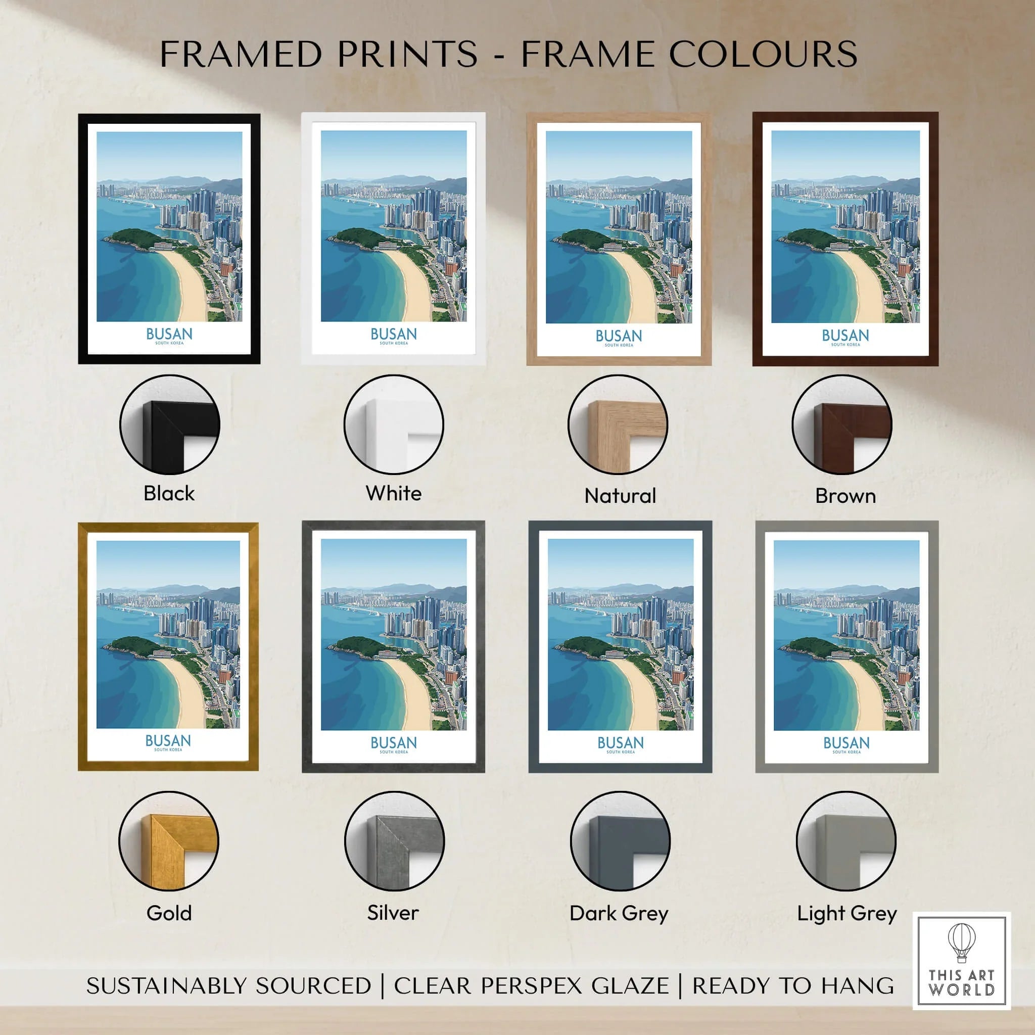 Framed Busan skyline travel print with multiple frame color options including black, white, natural, brown, gold, silver, dark grey, and light grey.