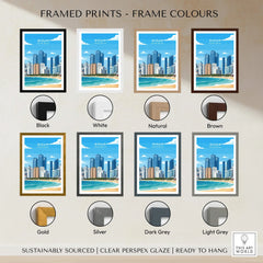 Busan beach skyline travel poster framed print shown in eight frame color options.