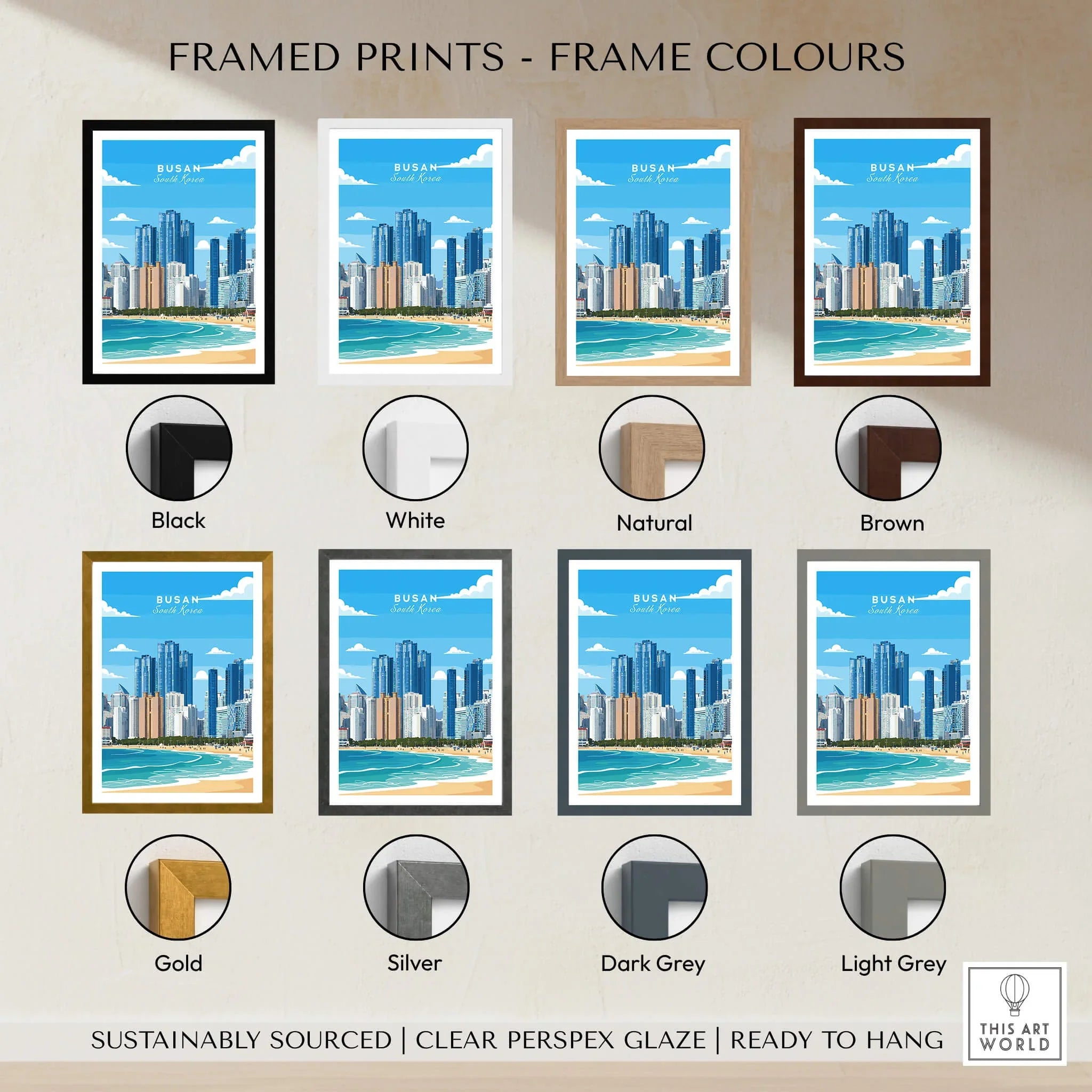 Busan beach skyline travel poster framed print shown in eight frame color options.