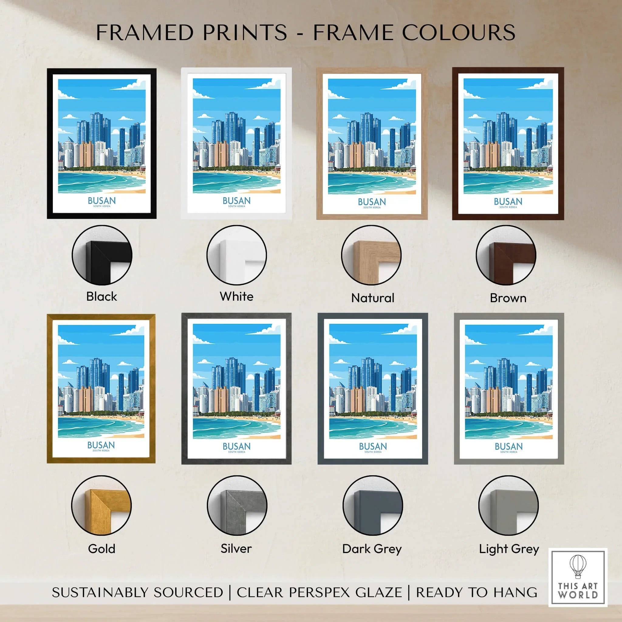 Busan city skyline art print shown in eight frame color options including black, white, natural, brown, gold, silver, dark grey, and light grey.