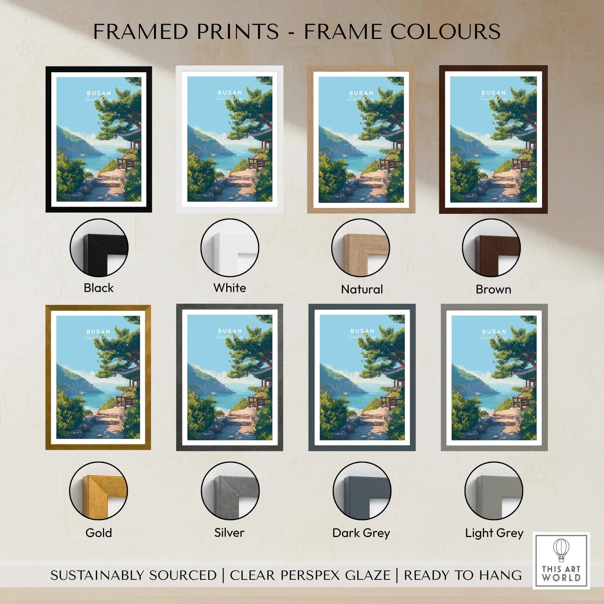 Framed Busan travel poster print with eight frame color options for home wall art decor.