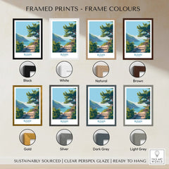 Busan travel poster art with mountains and sea, shown in eight frame color options.
