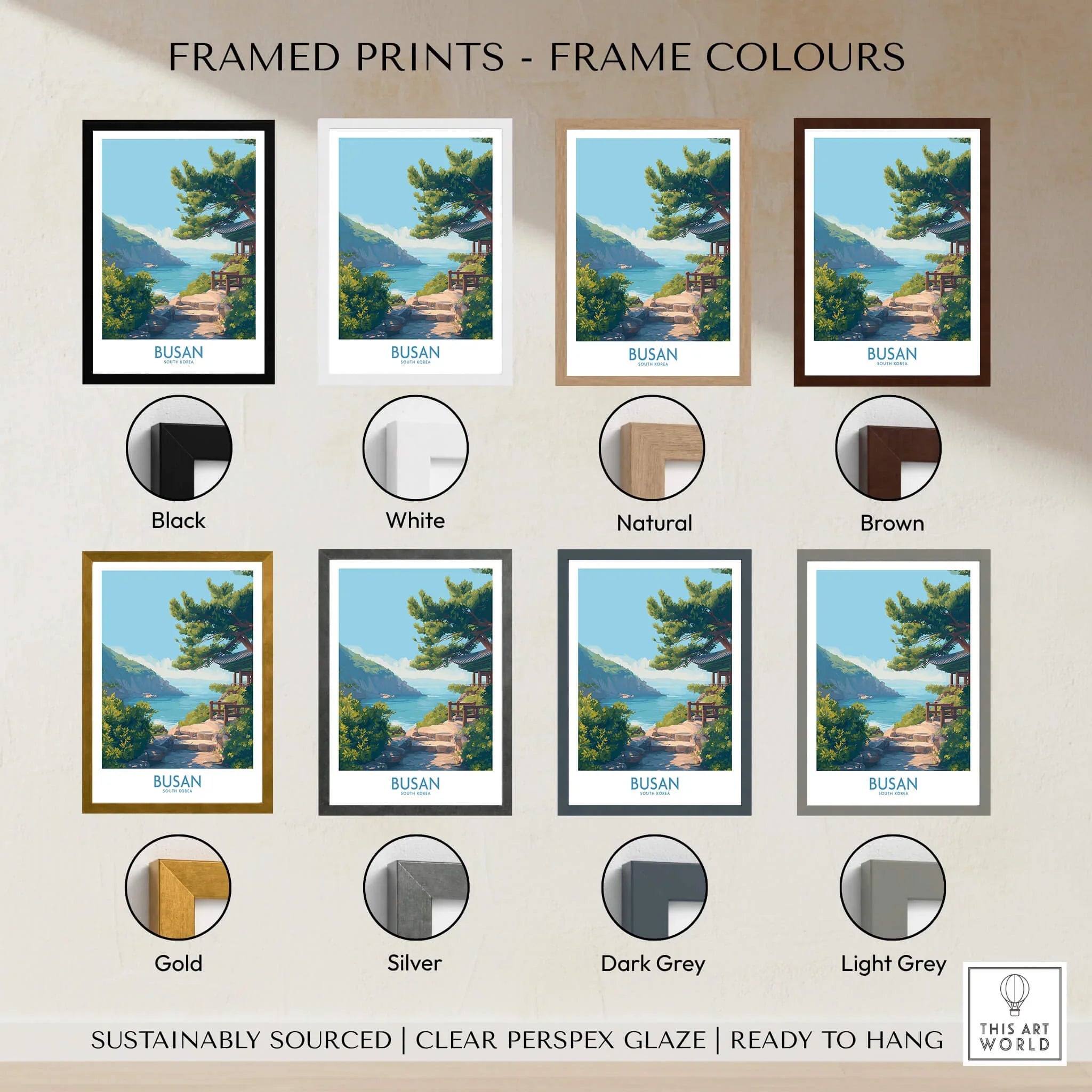 Busan travel poster art with mountains and sea, shown in eight frame color options.
