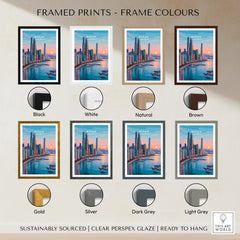 Busan cityscape travel poster with eight frame color options including black, white, natural, brown, gold, silver, dark grey, and light grey.