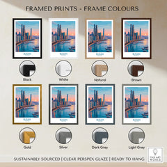 Busan city skyline wall art in various frame colors including black, white, natural, brown, gold, silver, dark grey, and light grey.