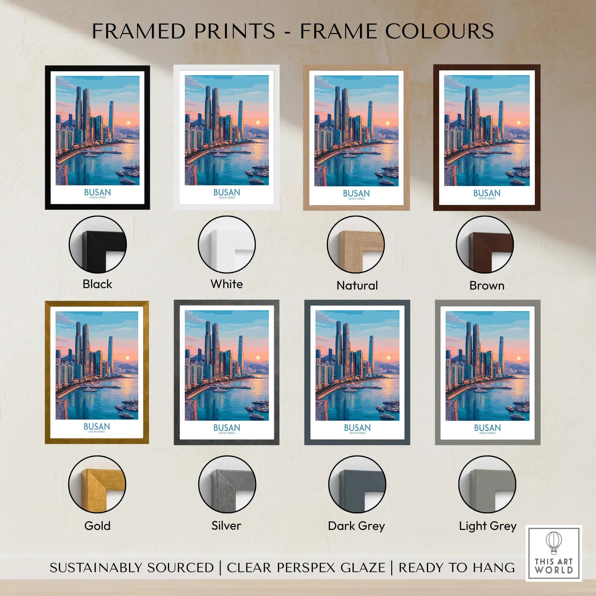 Busan city skyline wall art in various frame colors including black, white, natural, brown, gold, silver, dark grey, and light grey.