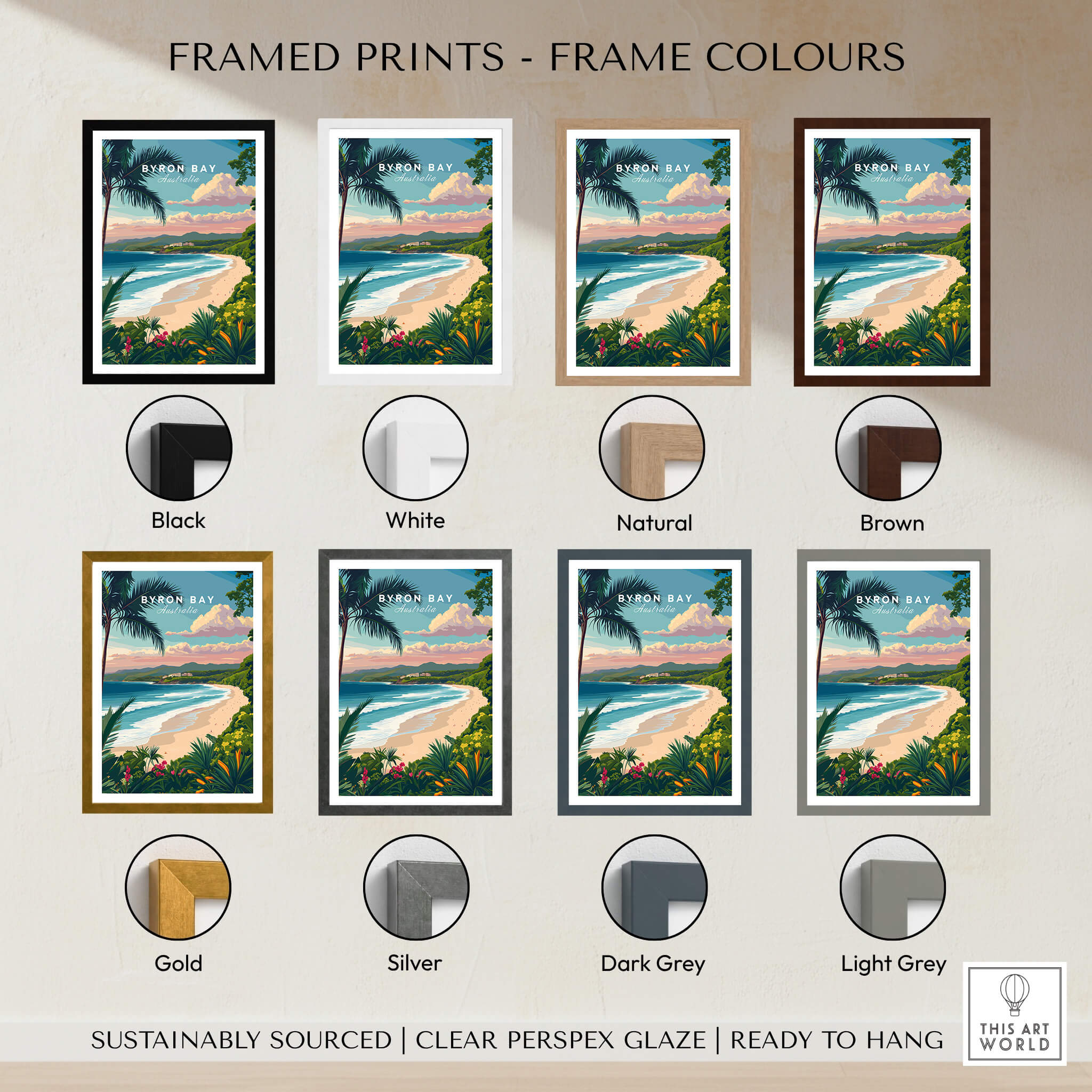 Byron Bay Australia Travel Poster framed print in various frame colors including black, white, natural, brown, gold, silver, dark grey, and light grey.