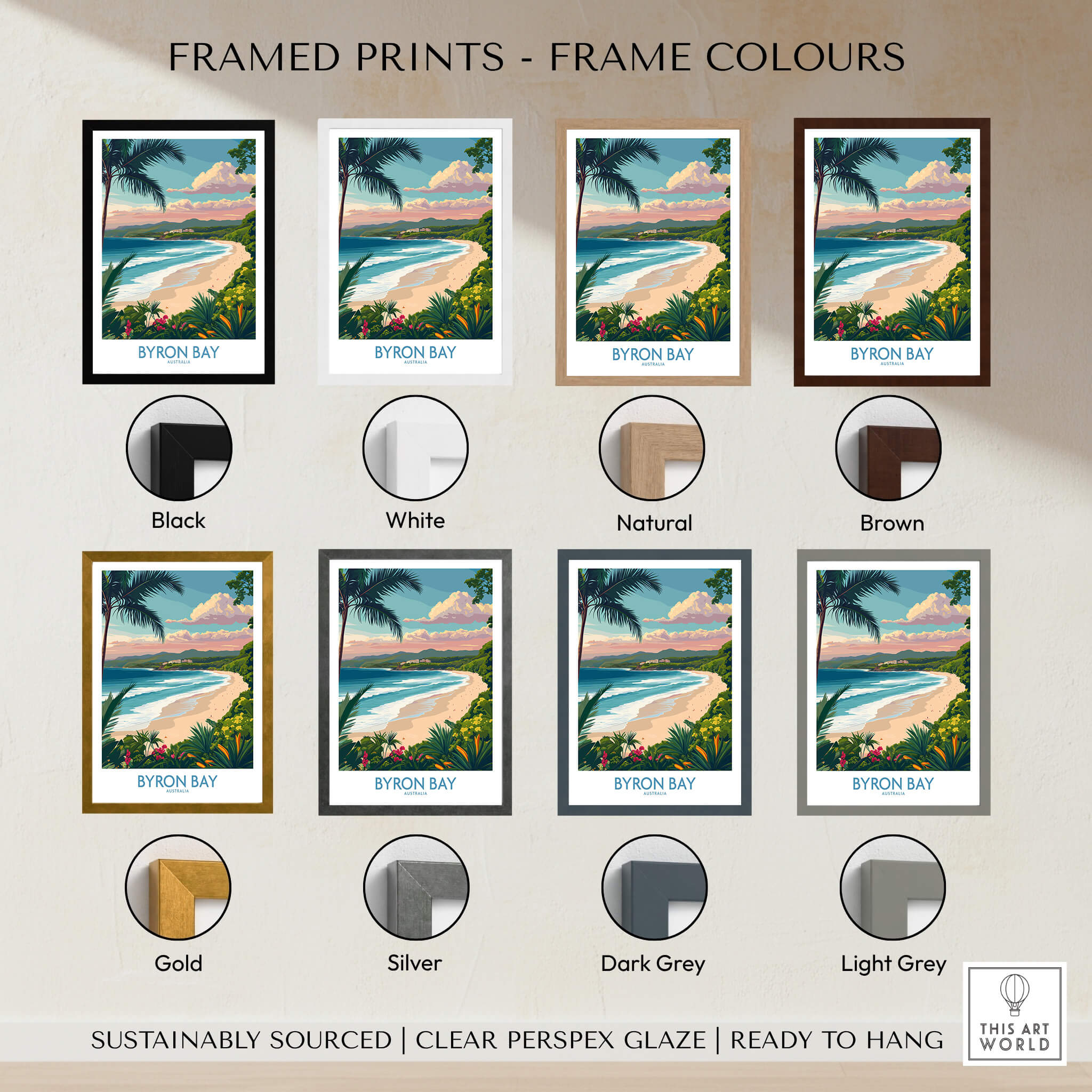 Byron Bay Poster - Australia Wall Art framed print colors options including black, white, natural, brown, gold, silver, dark grey, light grey.