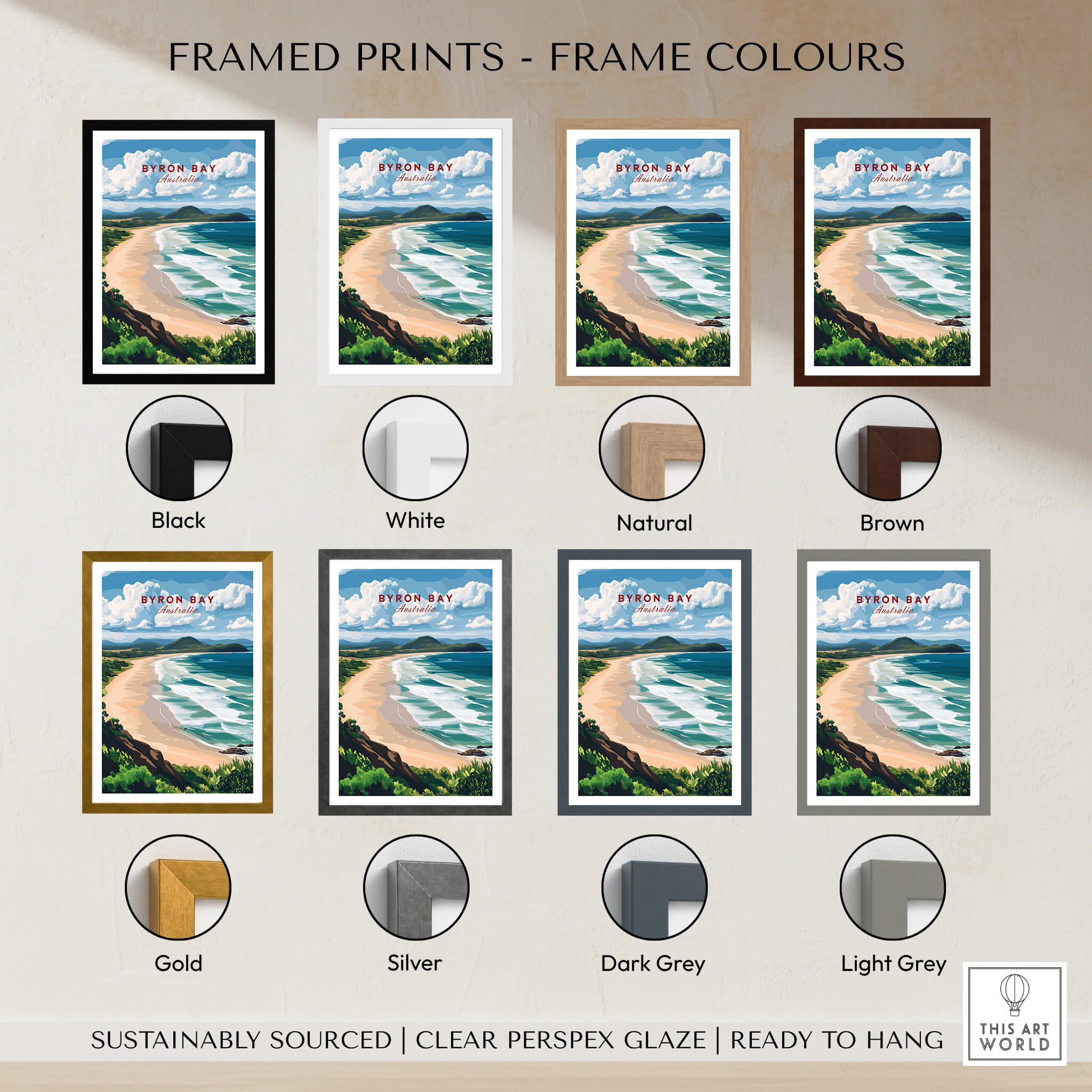 Byron Bay Beach Print - Australia Wall Art available in various frame colors including Black, White, Natural, and Brown.