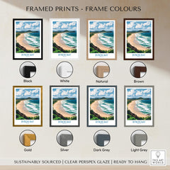 Byron Bay Wall Art Print Australia framed prints in various colors including black, white, natural, brown, gold, silver, dark grey, and light grey.