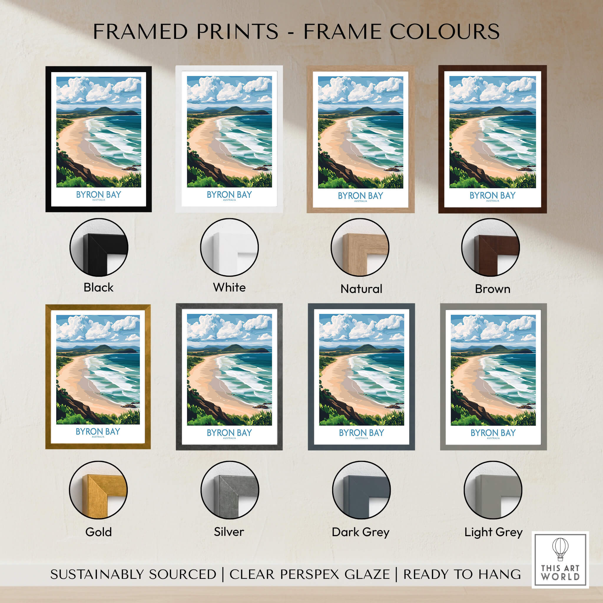Byron Bay Wall Art Print Australia framed prints in various colors including black, white, natural, brown, gold, silver, dark grey, and light grey.