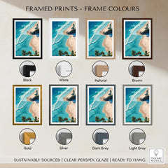 Byron Bay Art Print framed options in various colors including Black, White, Natural, Brown, Gold, Silver, Dark Grey, and Light Grey.