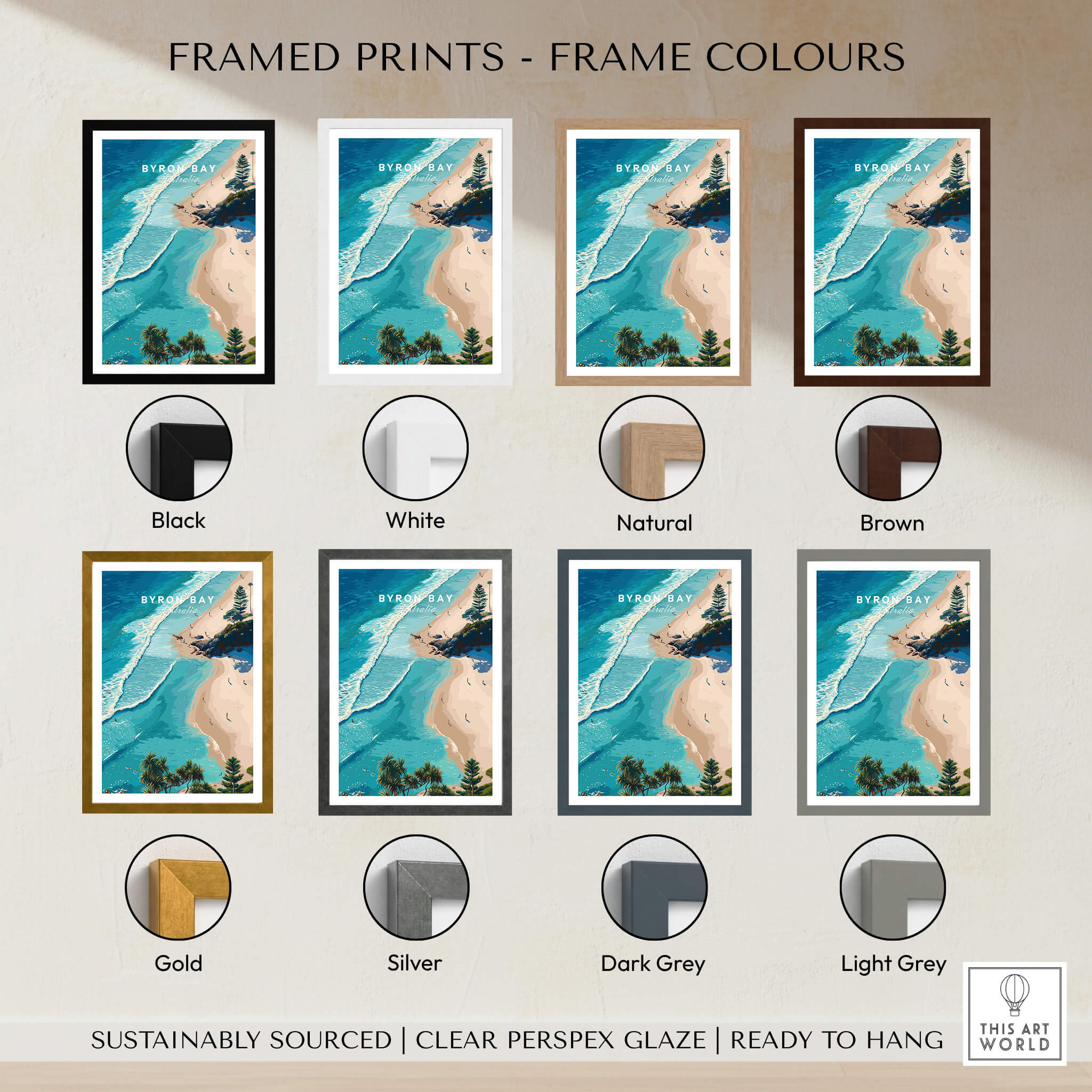 Byron Bay Art Print framed options in various colors including Black, White, Natural, Brown, Gold, Silver, Dark Grey, and Light Grey.