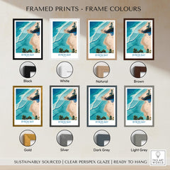 Framed prints showcasing Byron Bay Beach Australia Canvas Art Print in various frame colors like black, white, natural, and brown.