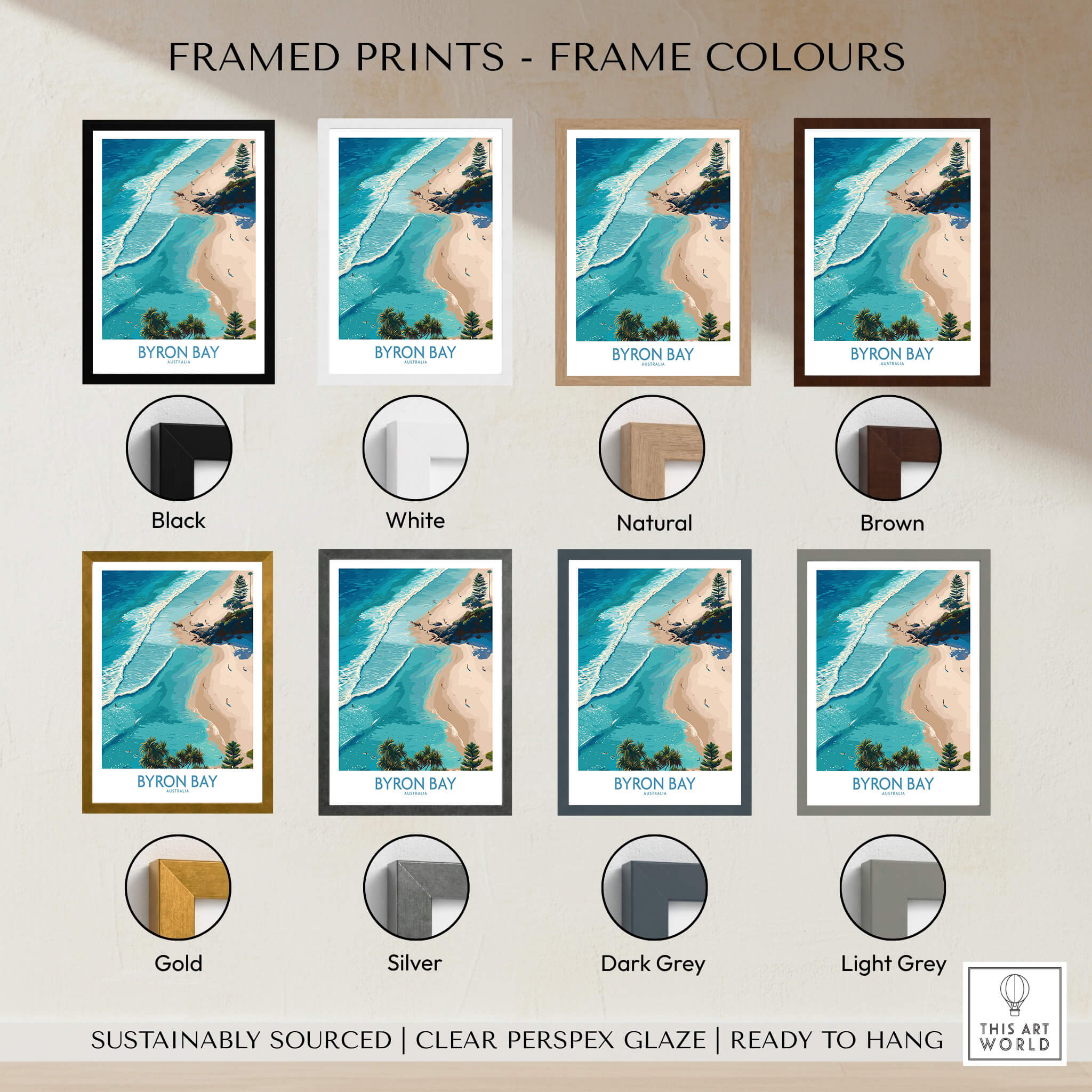 Framed prints showcasing Byron Bay Beach Australia Canvas Art Print in various frame colors like black, white, natural, and brown.