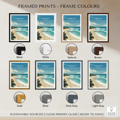 Byron Bay Poster - Canvas Beach Print displayed in various frame colors including black, white, natural, and brown.